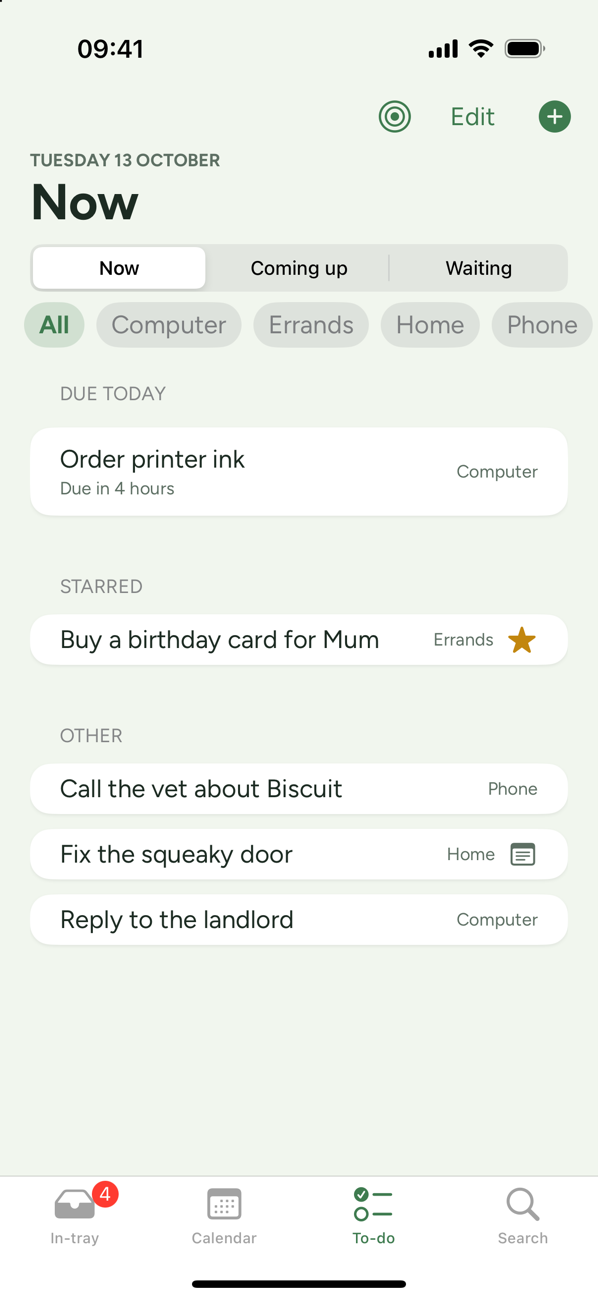 Tudutu's To-do list on a phone: a few things to do today, each with its time or place.