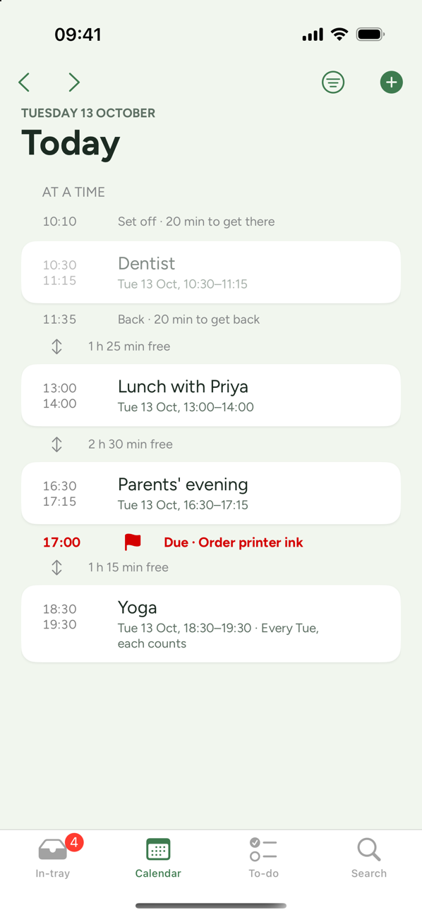 The Calendar: a day's timed things, with the free time between them.